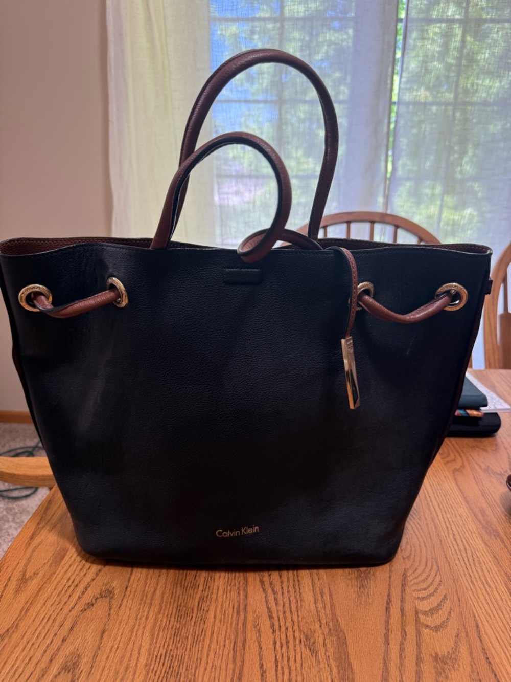 Calvin Klein Black Tote with Brown Handles and Gold Hardware